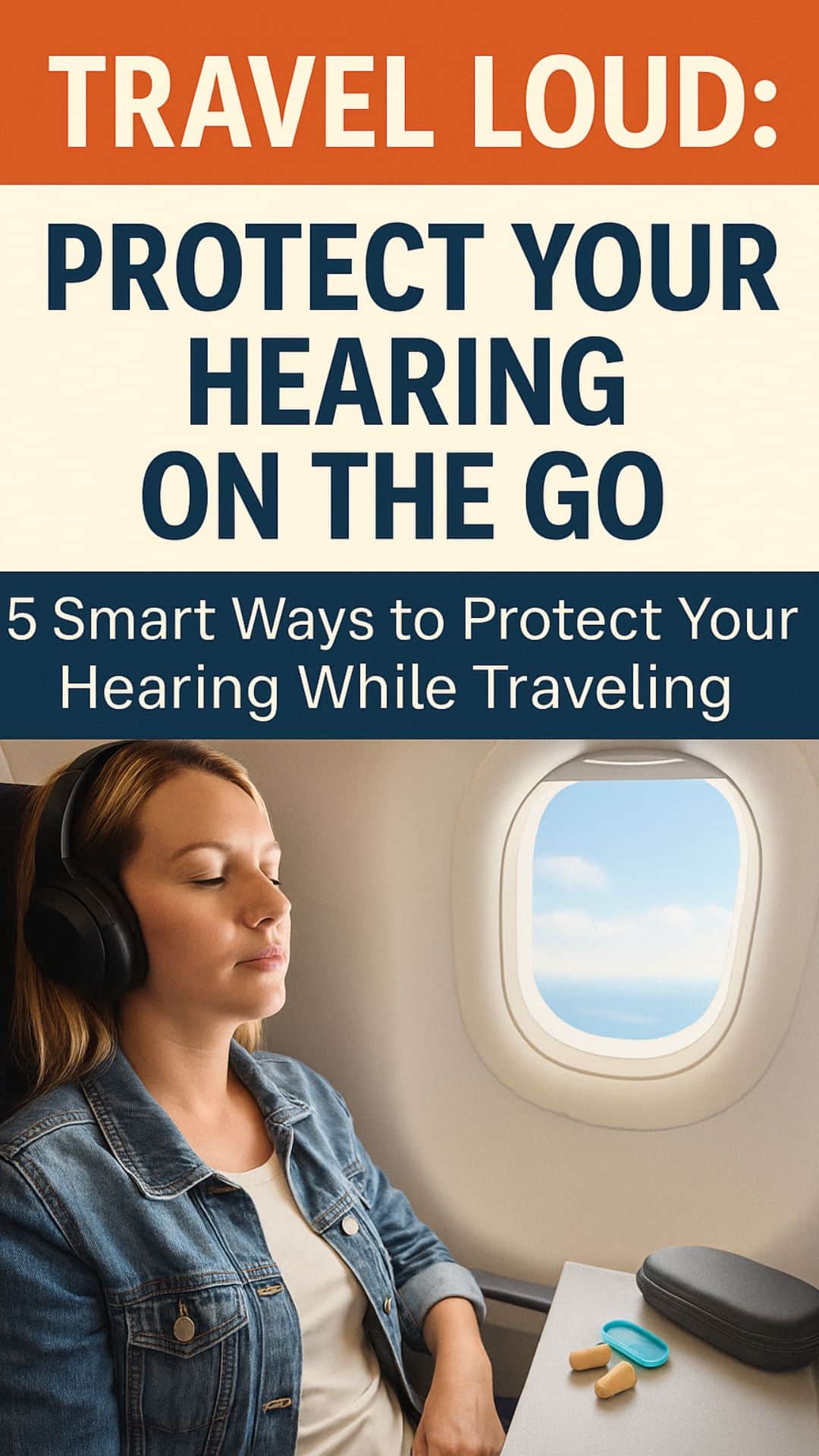 Travel Loud: Protect Your Hearing on the Go 1 A female traveler wearing noise-canceling headphones and holding a passport and coffee cup on an airplane, representing how to protect your hearing while traveling.