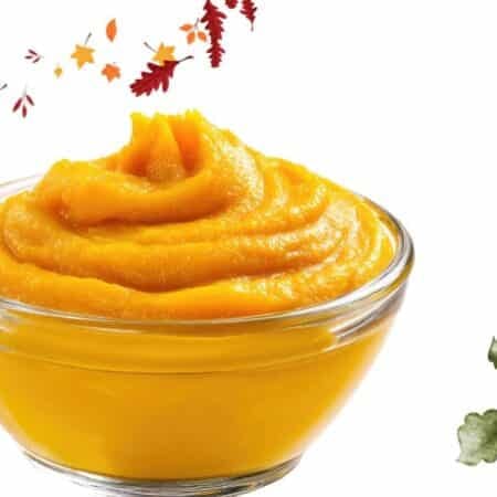 Creamy pumpkin puree in a glass bowl with autumn leaves and watercolor pumpkins – festive Thanksgiving kitchen concept.