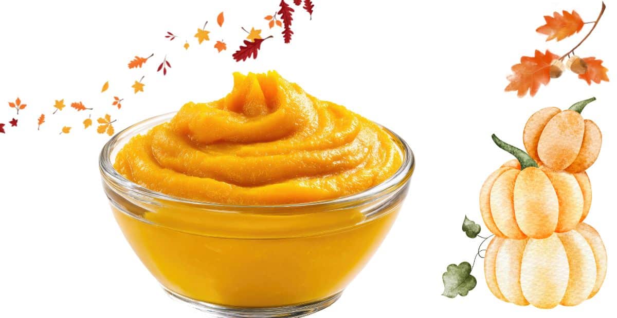 10 Unexpected Pumpkin Puree Hacks That Will Change Your Thanksgiving Game 2 Creamy pumpkin puree in a glass bowl with autumn leaves and watercolor pumpkins – festive Thanksgiving kitchen concept.