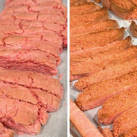 Strawberry biscotti sliced and baked twice showing crisp edges and soft center on parchment paper