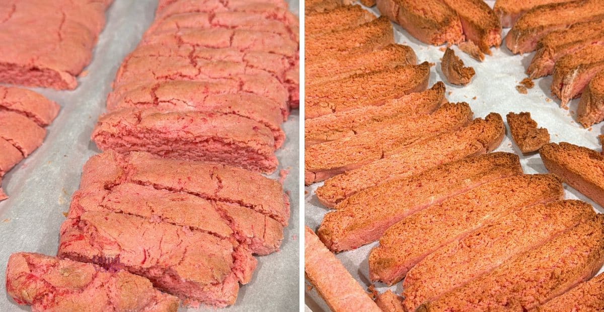 Strawberry biscotti sliced and baked twice showing crisp edges and soft center on parchment paper