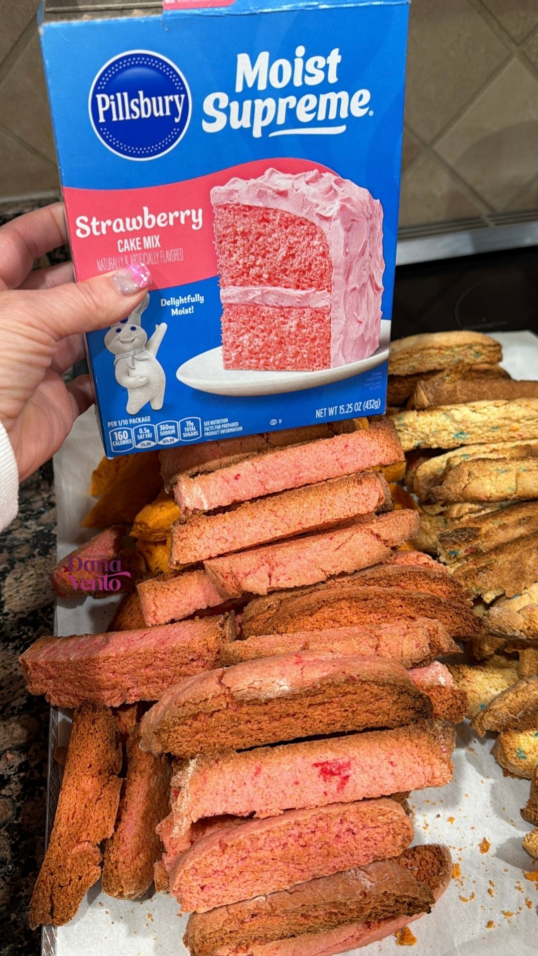 Strawberry biscotti made from cake mix with sliced cookies and Pillsbury strawberry cake mix box