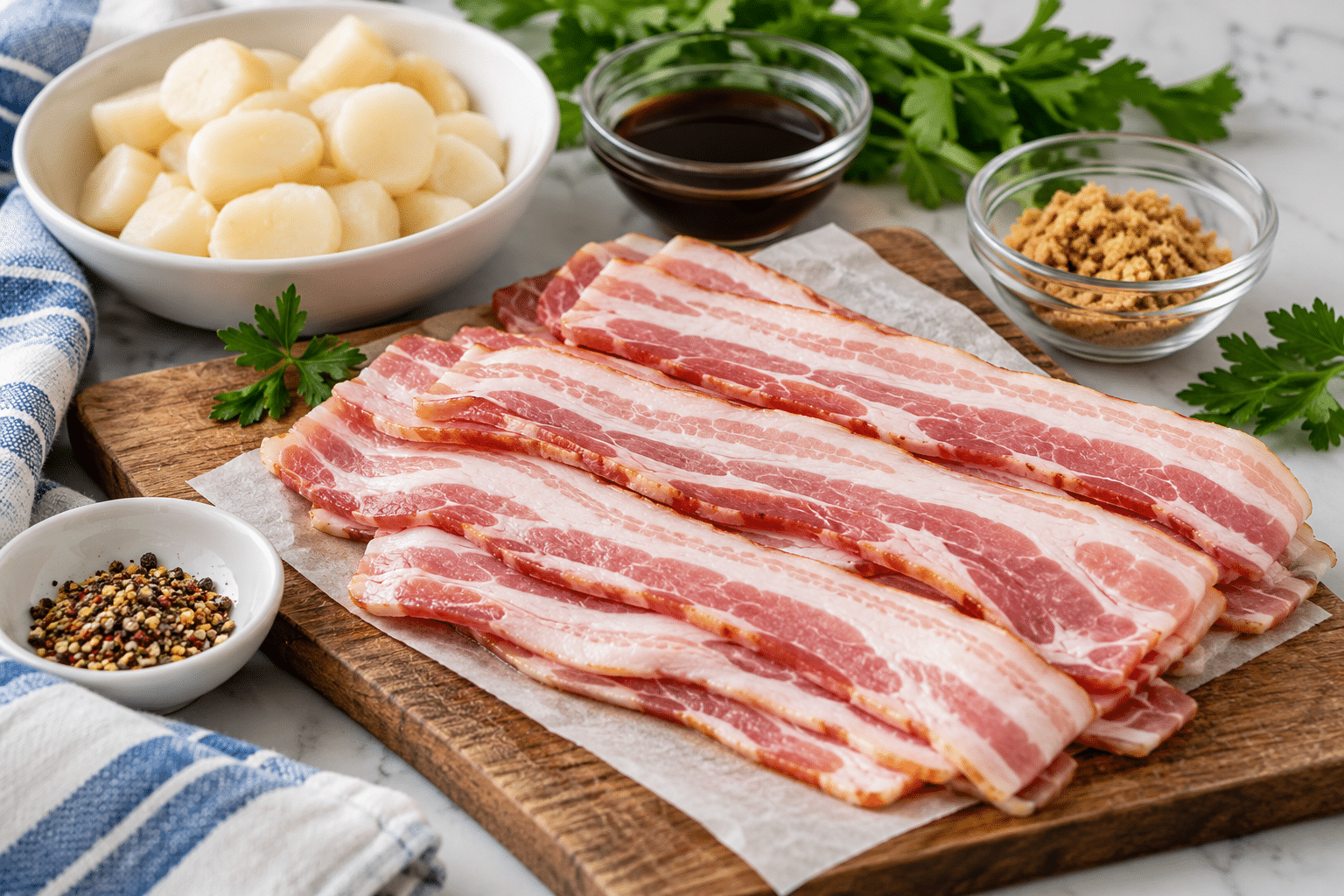Raw bacon strips with water chestnuts and seasonings for bacon-wrapped water chestnuts